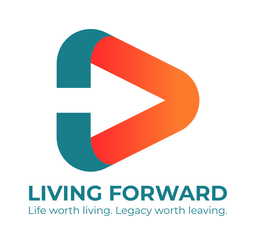 Living Forward logo, an arrow inside a curved arrow, in teal and orange.